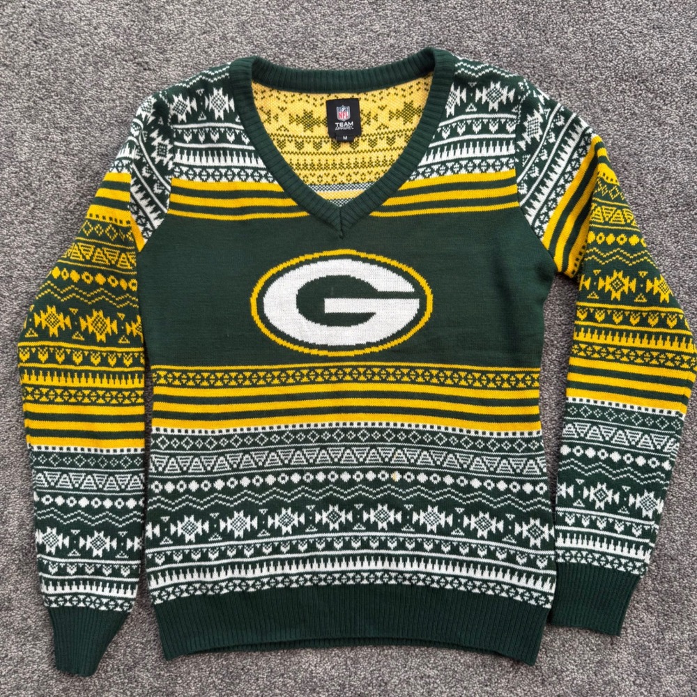 NFL Team Apparel Green Bay Packers Fair Isle V-Neck Sweater Green Gold Womens M
